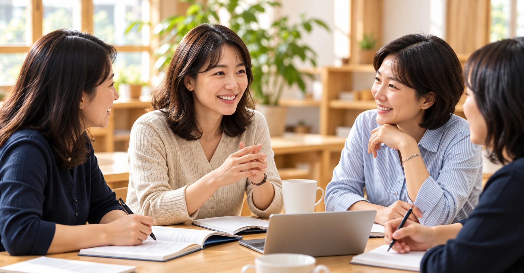 교사들이 모여 연수하며 이야기 나누는 장면을 표현한 AI 이미지